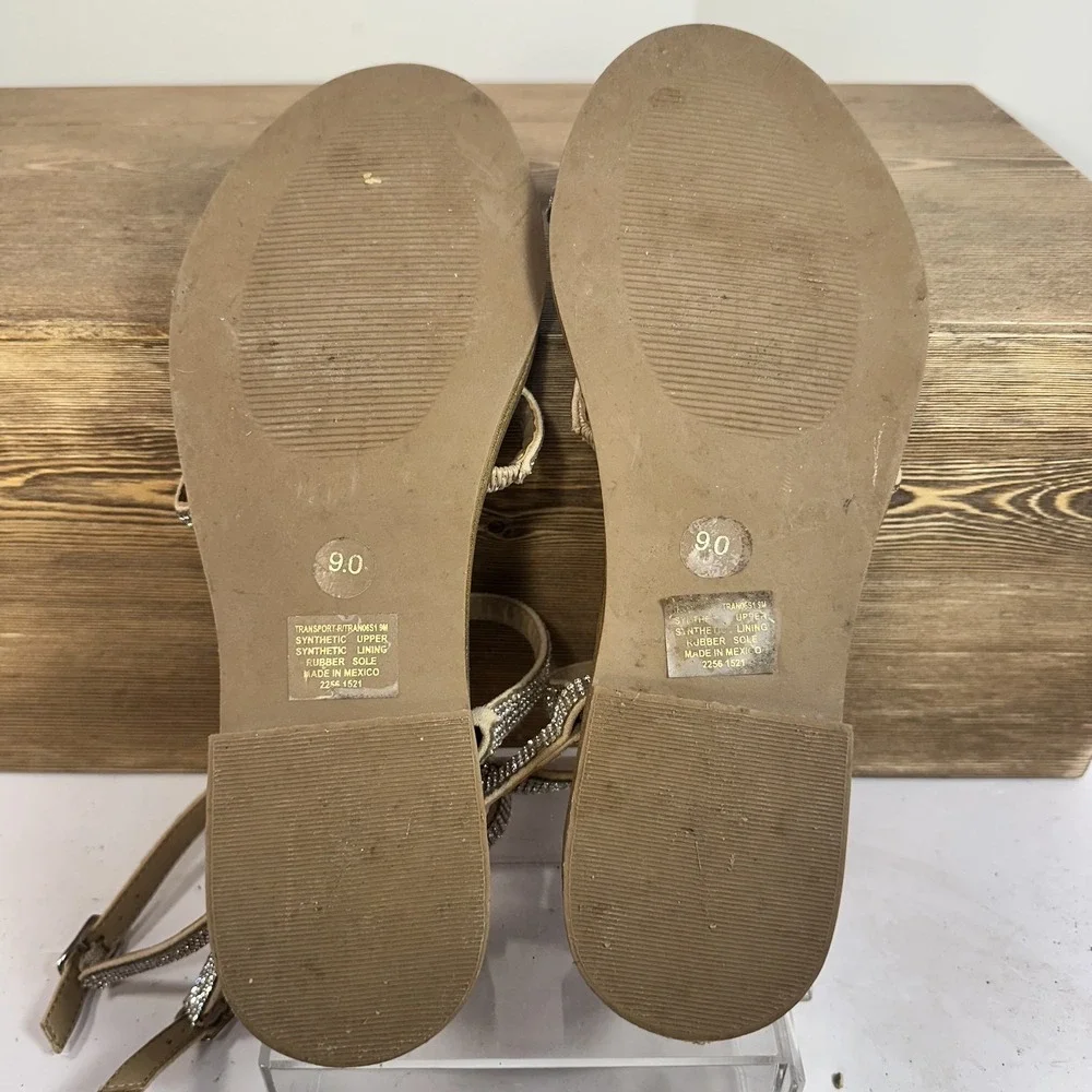 Steve Madden Transport-R Rhinestone Flat Sandals SZ 9 Sparkle Gladiator Y2K Nude